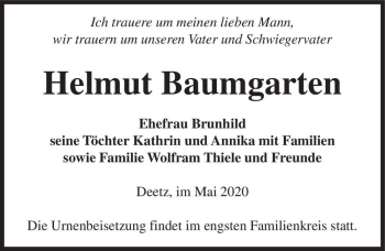Traueranzeige von Helmut Baumgarten  von Magdeburger Volksstimme