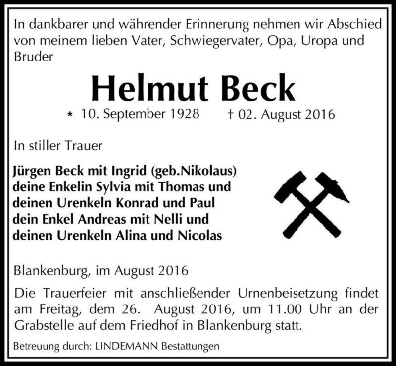  Traueranzeige für Helmut Beck  vom 06.08.2016 aus Magdeburger Volksstimme
