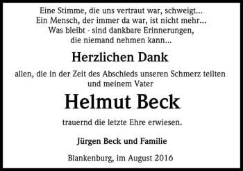 Traueranzeige von Helmut Beck  von Magdeburger Volksstimme