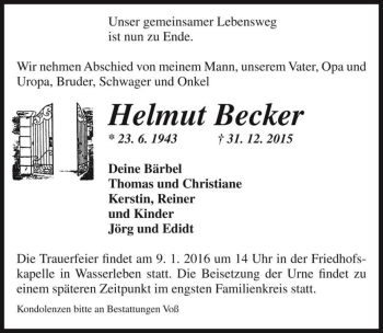 Traueranzeige von Helmut Becker  von Magdeburger Volksstimme
