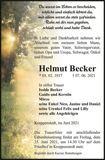 Traueranzeige von Helmut Becker  von Magdeburger Volksstimme