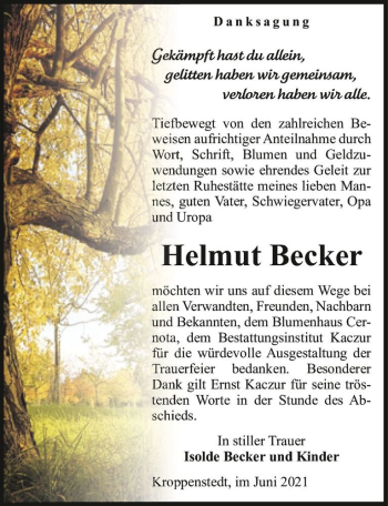 Traueranzeige von Helmut Becker  von Magdeburger Volksstimme
