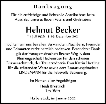 Traueranzeige von Helmut Becker  von Magdeburger Volksstimme
