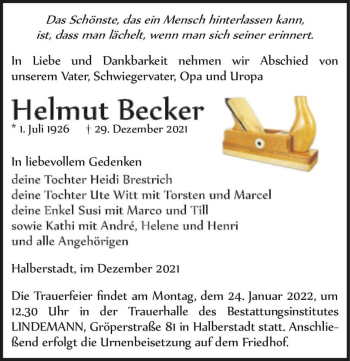 Traueranzeige von Helmut Becker  von Magdeburger Volksstimme
