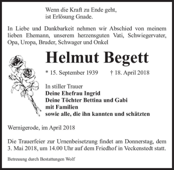 Traueranzeige von Helmut Begett  von Magdeburger Volksstimme