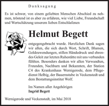 Traueranzeige von Helmut Begett  von Magdeburger Volksstimme