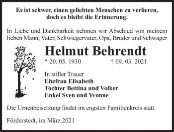 Traueranzeige von Helmut Behrendt  von Magdeburger Volksstimme