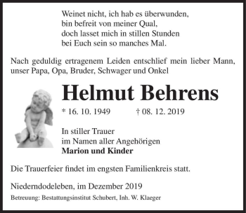 Traueranzeige von Helmut Behrens  von Magdeburger Volksstimme
