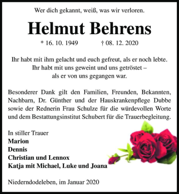 Traueranzeige von Helmut Behrens  von Magdeburger Volksstimme