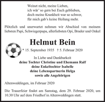 Traueranzeige von Helmut Bein  von Magdeburger Volksstimme