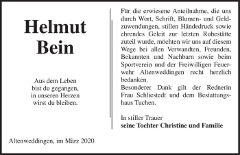 Traueranzeige von Helmut Bein  von Magdeburger Volksstimme