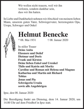 Traueranzeige von Helmut Benecke  von Magdeburger Volksstimme