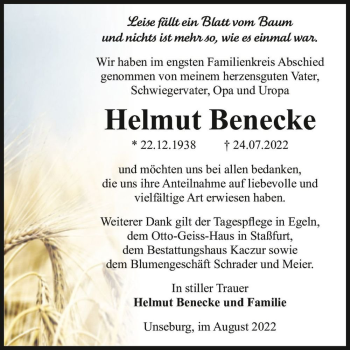 Traueranzeige von Helmut Benecke  von Magdeburger Volksstimme