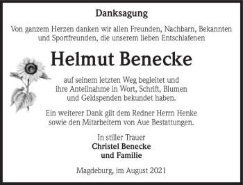 Traueranzeige von Helmut Benecke  von Magdeburger Volksstimme