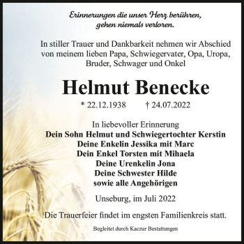 Traueranzeige von Helmut Benecke  von Magdeburger Volksstimme