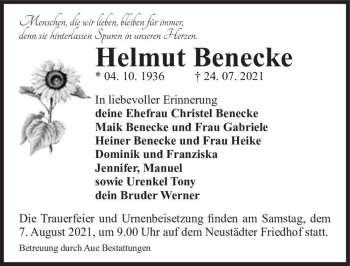Traueranzeige von Helmut Benecke  von Magdeburger Volksstimme