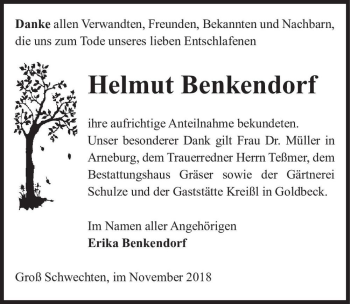 Traueranzeige von Helmut Benkendorf  von Magdeburger Volksstimme