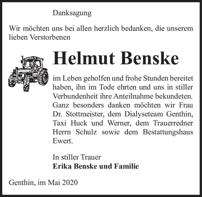  Traueranzeige für Helmut Benske  vom 30.05.2020 aus Magdeburger Volksstimme