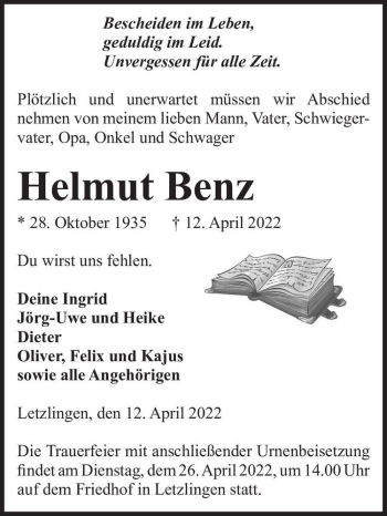 Traueranzeige von Helmut Benz  von Magdeburger Volksstimme