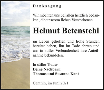 Traueranzeige von Helmut Betenstehl  von Magdeburger Volksstimme
