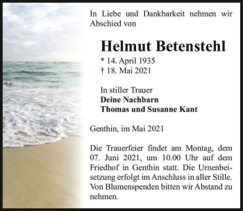 Traueranzeige von Helmut Betenstehl  von Magdeburger Volksstimme