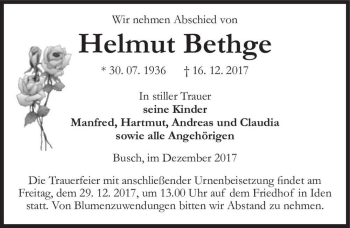 Traueranzeige von Helmut Bethge  von Magdeburger Volksstimme
