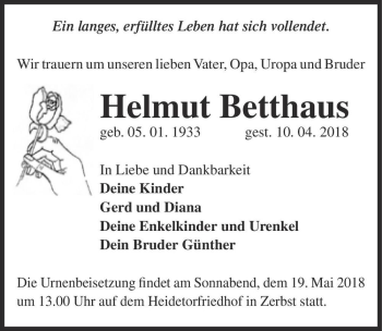 Traueranzeige von Helmut Betthaus  von Magdeburger Volksstimme