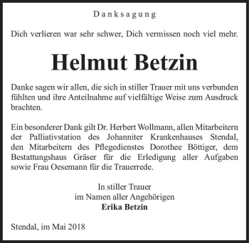 Traueranzeige von Helmut Betzin  von Magdeburger Volksstimme