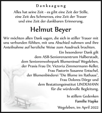 Traueranzeige von Helmut Beyer  von Magdeburger Volksstimme