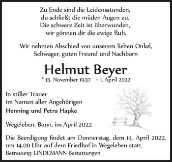 Traueranzeige von Helmut Beyer  von Magdeburger Volksstimme