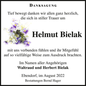 Traueranzeige von Helmut Bielak  von Magdeburger Volksstimme
