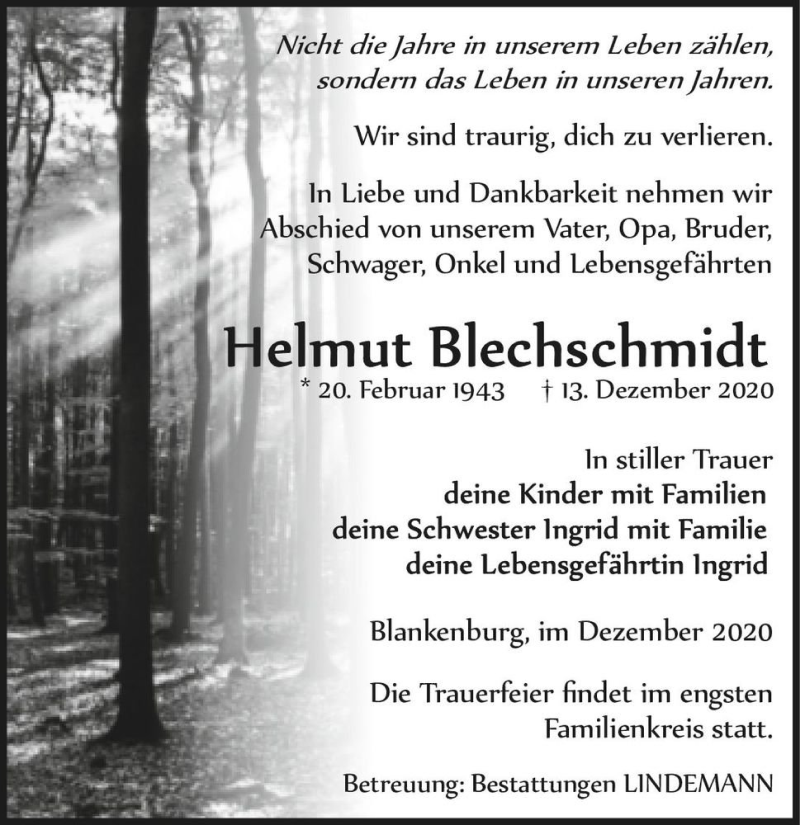  Traueranzeige für Helmut Blechschmidt  vom 24.12.2020 aus Magdeburger Volksstimme