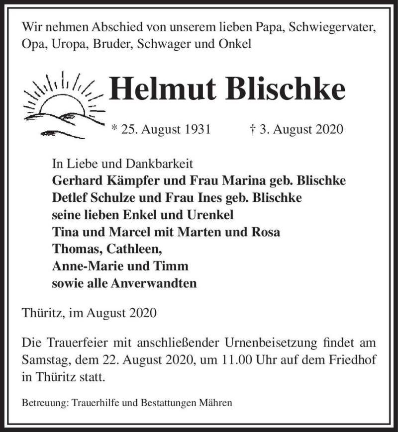  Traueranzeige für Helmut Blischke  vom 06.08.2020 aus Magdeburger Volksstimme