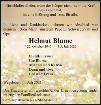 Traueranzeige von Helmut Blume  von Magdeburger Volksstimme