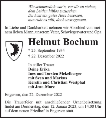 Traueranzeige von Helmut Bochum  von Magdeburger Volksstimme