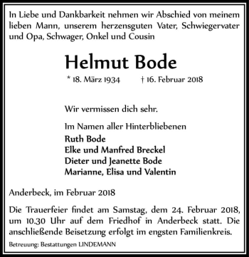 Traueranzeige von Helmut Bode  von Magdeburger Volksstimme