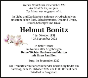 Traueranzeige von Helmut Bonitz  von Magdeburger Volksstimme