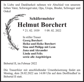 Traueranzeige von Helmut Borchert  von Magdeburger Volksstimme