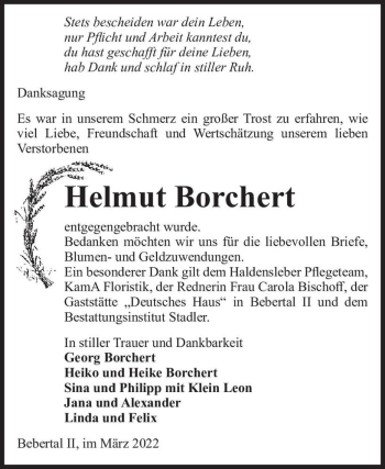 Traueranzeige von Helmut Borchert  von Magdeburger Volksstimme