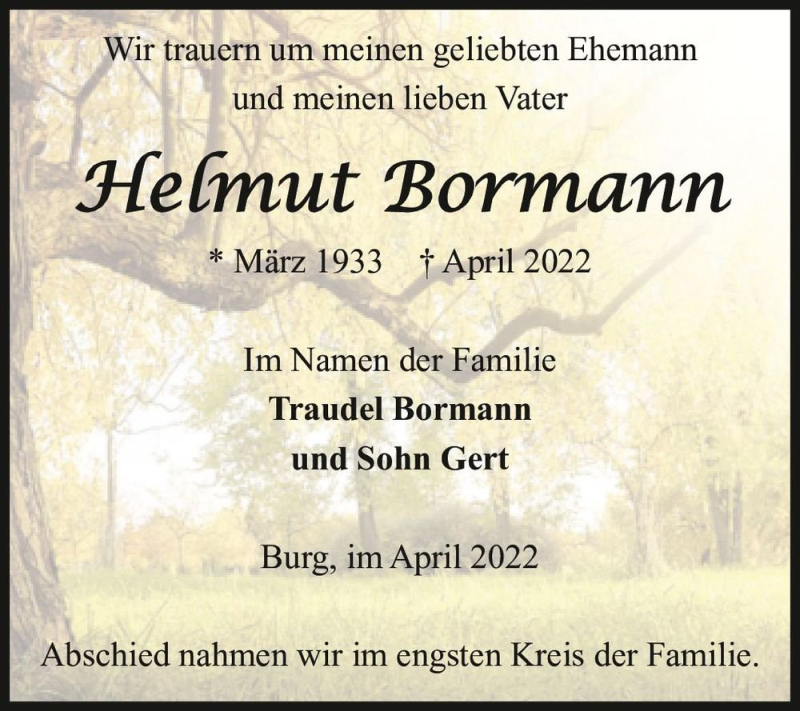  Traueranzeige für Helmut Bormann  vom 23.04.2022 aus Magdeburger Volksstimme