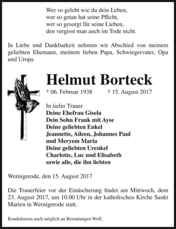 Traueranzeige von Helmut Borteck  von Magdeburger Volksstimme