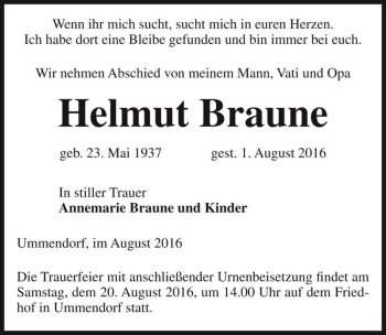 Traueranzeige von Helmut Braune  von Magdeburger Volksstimme