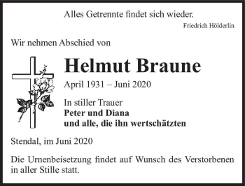 Traueranzeige von Helmut Braune  von Magdeburger Volksstimme