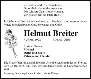Traueranzeige von Helmut Breiter  von Magdeburger Volksstimme