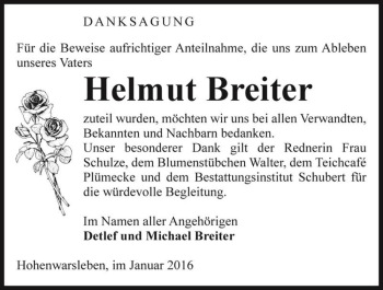 Traueranzeige von Helmut Breiter  von Magdeburger Volksstimme