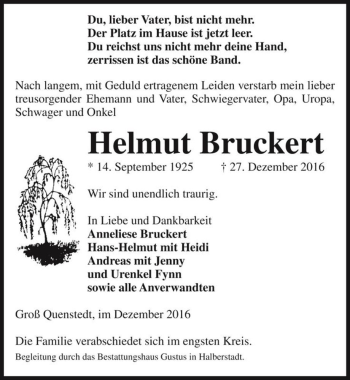 Traueranzeige von Helmut Bruckert  von Magdeburger Volksstimme