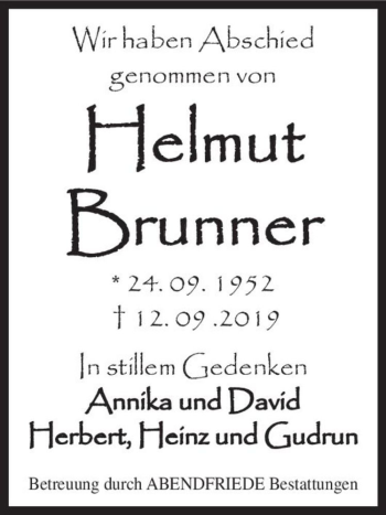 Traueranzeige von Helmut Brunner  von Magdeburger Volksstimme