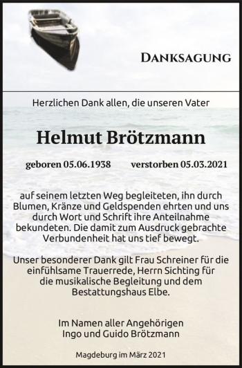 Traueranzeige von Helmut Brötzmann  von Magdeburger Volksstimme