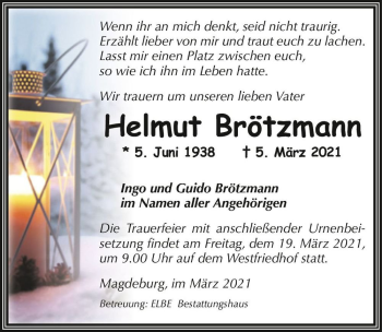 Traueranzeige von Helmut Brötzmann  von Magdeburger Volksstimme