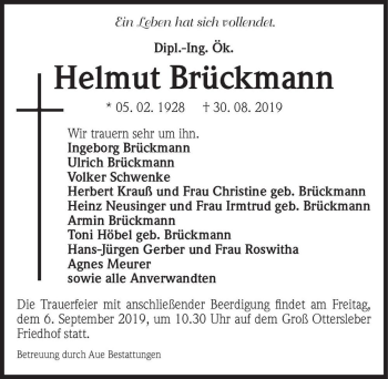 Traueranzeige von Helmut Brückmann  von Magdeburger Volksstimme